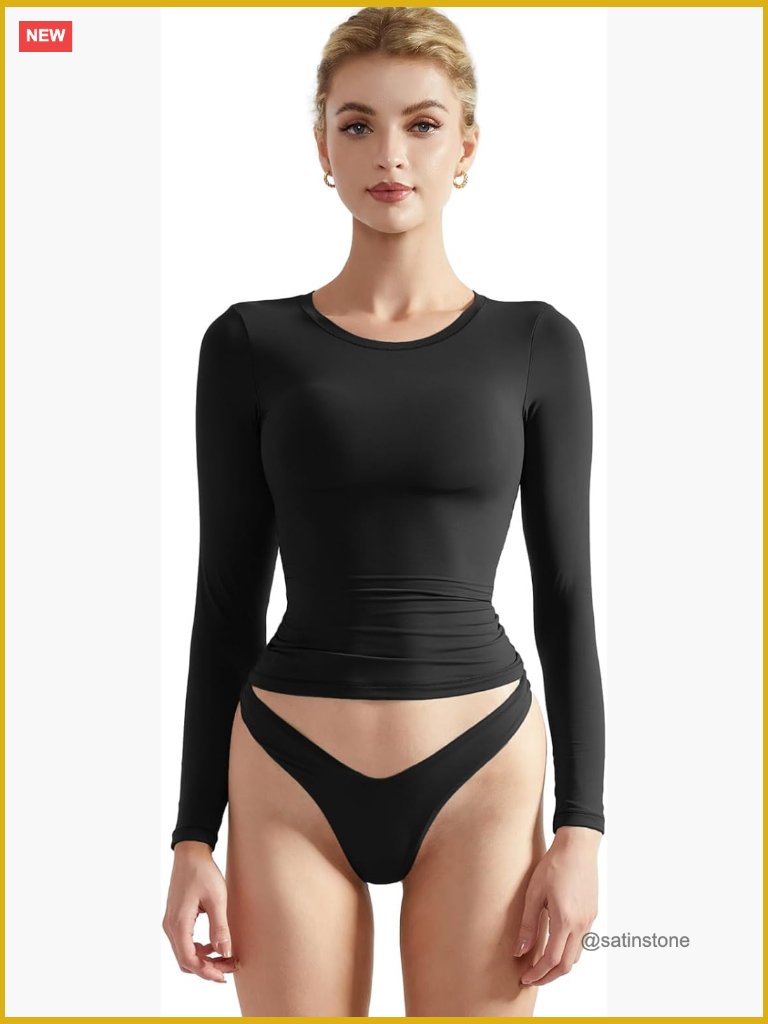 Double Lined Fitted Long Sleeve Crop Top Crew Neck Basic Tee